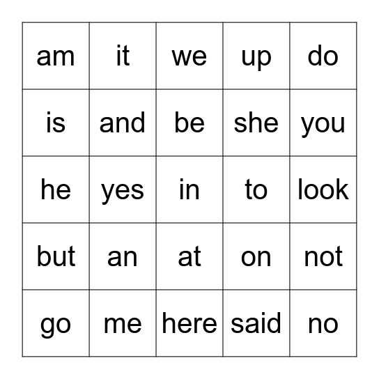 Sight Word Bingo  Bingo Card