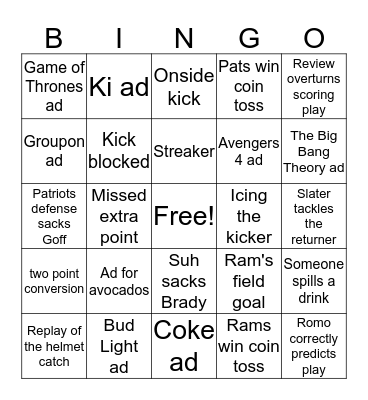 Super Bowl Bingo 2019 Bingo Card