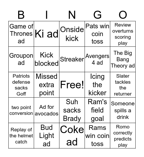 Super Bowl Bingo 2019 Bingo Card