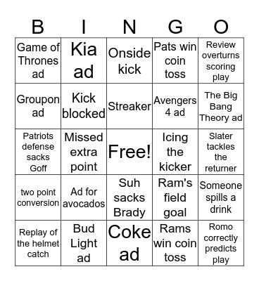 Super Bowl Bingo 2019 Bingo Card