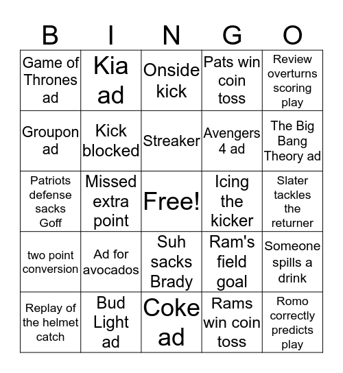 Super Bowl Bingo 2019 Bingo Card