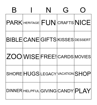 Grandparent's Day Bingo Card