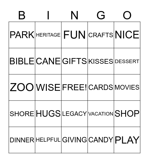 Grandparent's Day Bingo Card