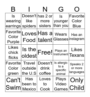 Getting to know you  Bingo Card