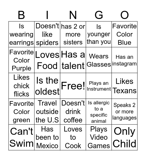 Getting to know you  Bingo Card