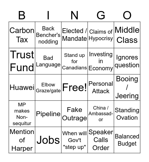 Question Period Bingo  Bingo Card
