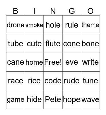 Magic E Bingo Card