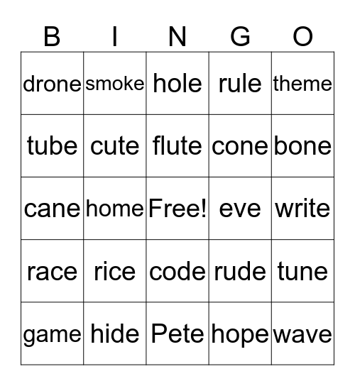 Magic E Bingo Card