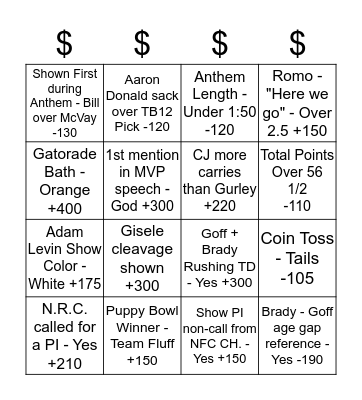 SUPER BOWL PROP BETS Bingo Card