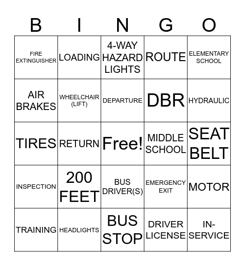 Bus Driver Bingo Card