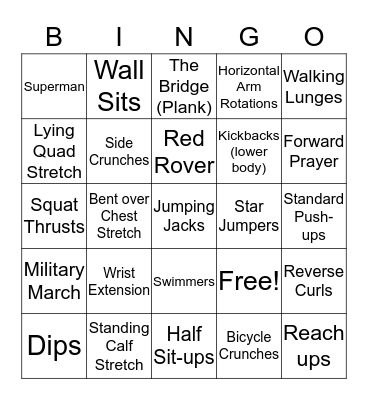 Speed Fitness Bingo Card