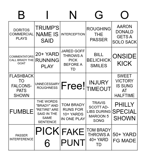 Superbowl Bingo Card