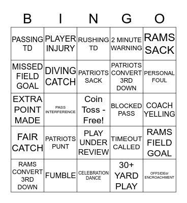 Super Bowl 2019 Bingo Card