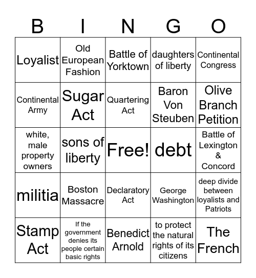 American Revolution Bingo Card