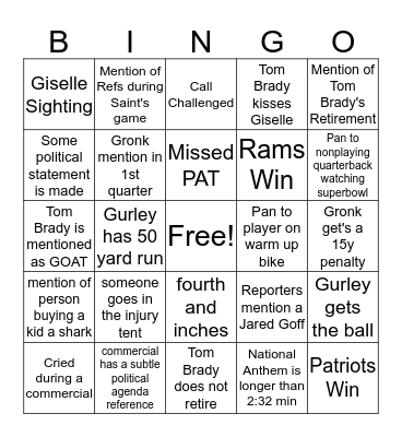 Super Bowl Sundaayyyy Bingo Card