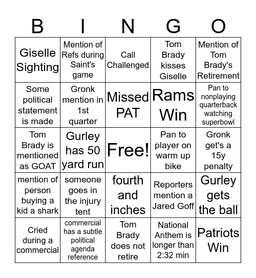 Super Bowl Sundaayyyy Bingo Card