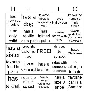 Getting to know you Bingo Card