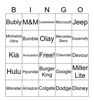 Superbowl commercial BINGO Card