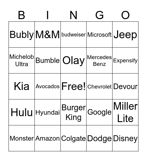 Superbowl commercial BINGO Card