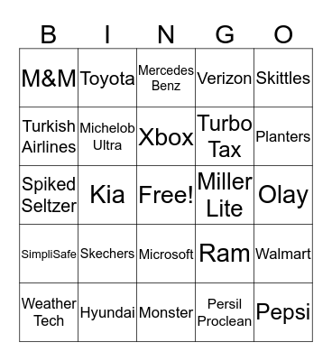 Superbowl Commercial BINGO Card