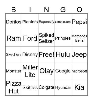 Superbowl Commercial BINGO Card