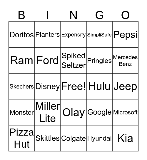 Superbowl Commercial BINGO Card