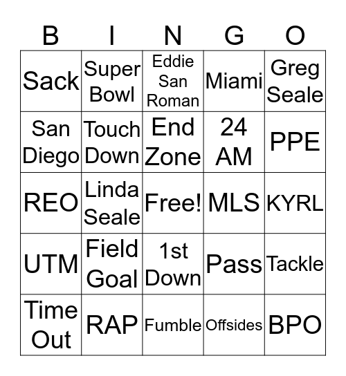 super bowl Bingo Card