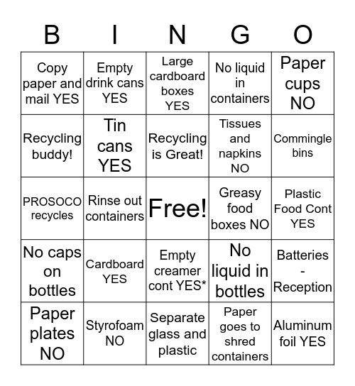 Recycling at PROSOCO Bingo Card