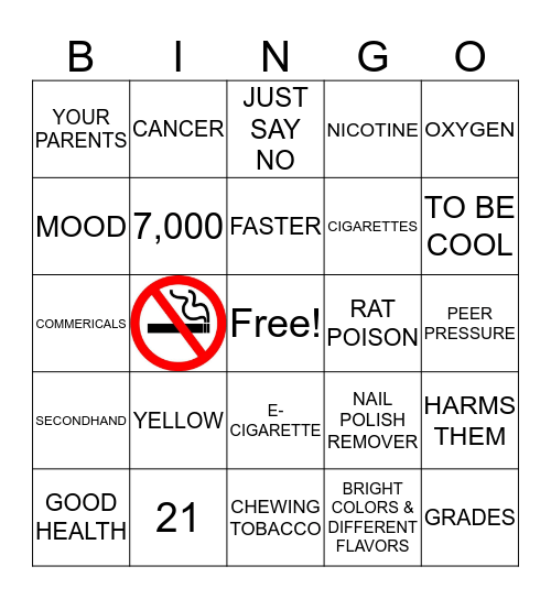 TOBACCO PREVENTION Bingo Card
