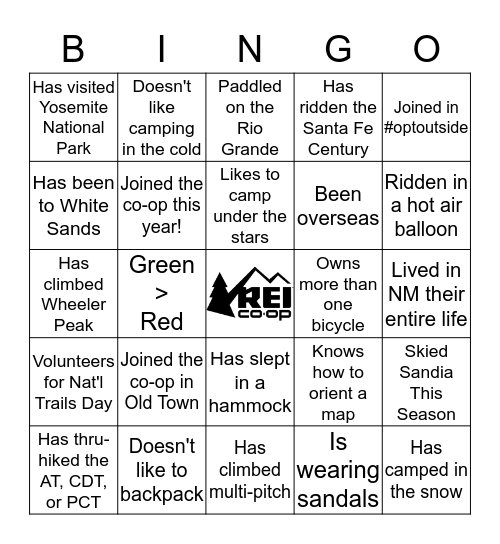 REI Member Bingo Card