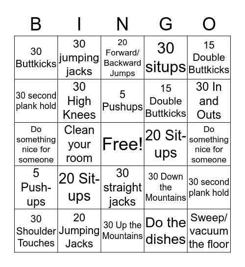 Fitness Bingo Card