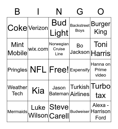 Superbowl Feb. 3, 2019 Rams vs. Pats Bingo Card