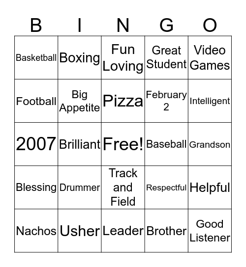 Adrian's Birthday Bingo Card