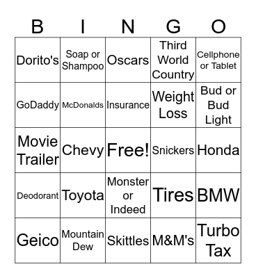 Superbowl Commercial Bingo Card