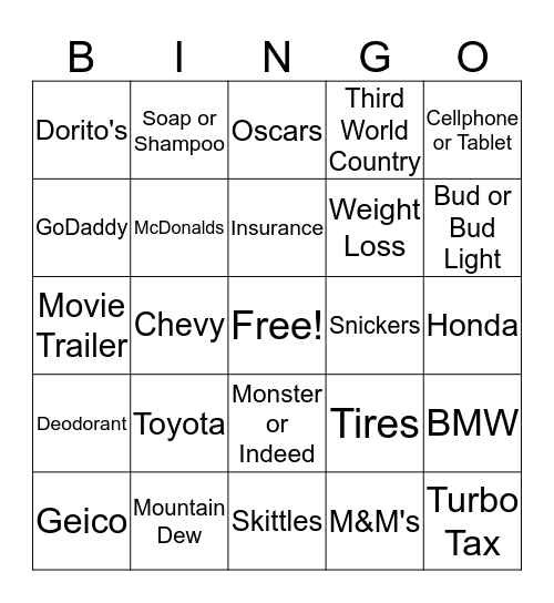 Superbowl Commercial Bingo Card