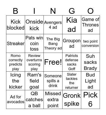 Super Bowl Bingo 2019 Bingo Card