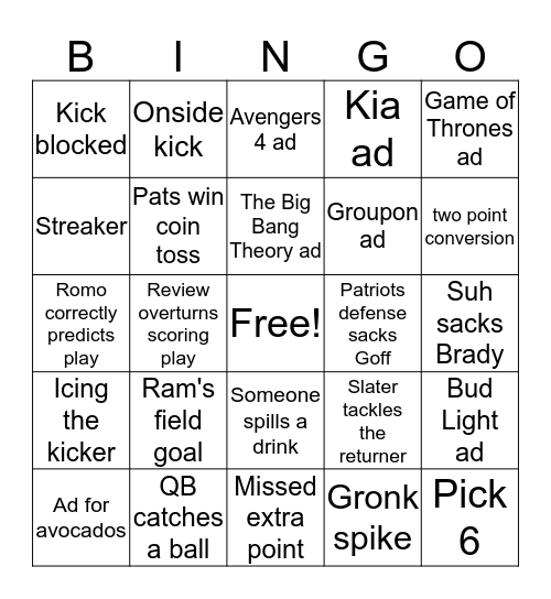 Super Bowl Bingo 2019 Bingo Card