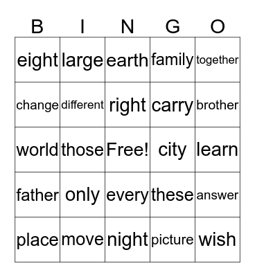 Second Grade Sight Words Bingo Card