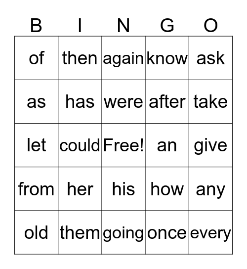 1st Grade Sight Words Bingo Card