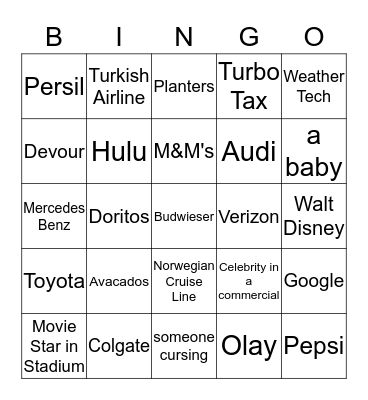 Superbowl Bing Bingo Card