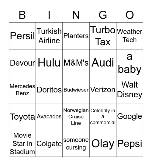 Superbowl Bing Bingo Card