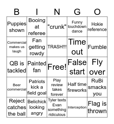 Jenvan Super Bowl Bingo Card
