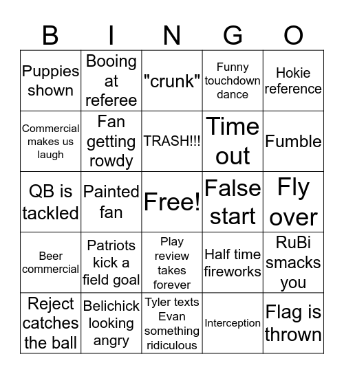 Jenvan Super Bowl Bingo Card