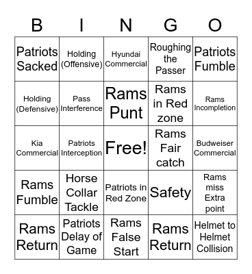 2019 Super Bowl Bingo Card