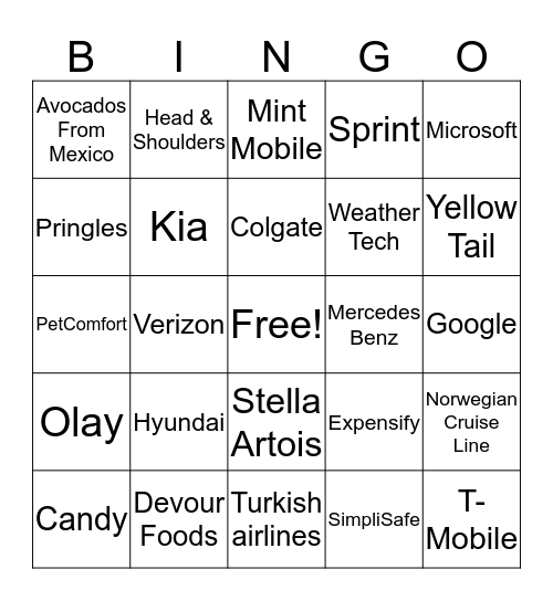 Super Bowl Bingo Card