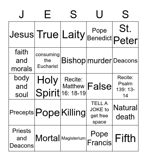 Respect Life Bingo Card