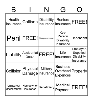 Insurance Bingo Card