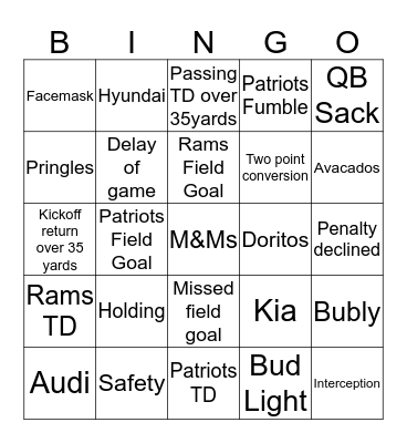 Superbowl Bingo 2019 Bingo Card