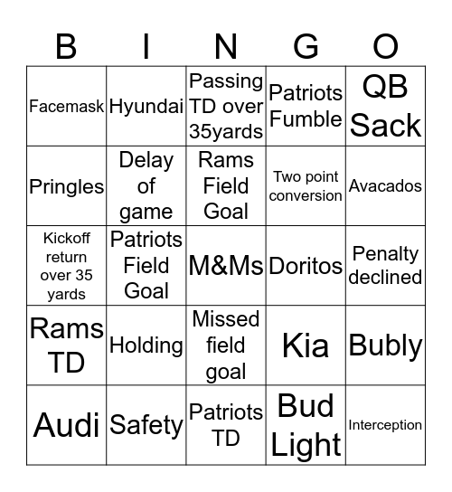 Superbowl Bingo 2019 Bingo Card