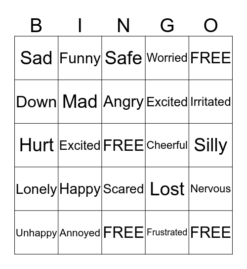 Feeling Words  Bingo Card